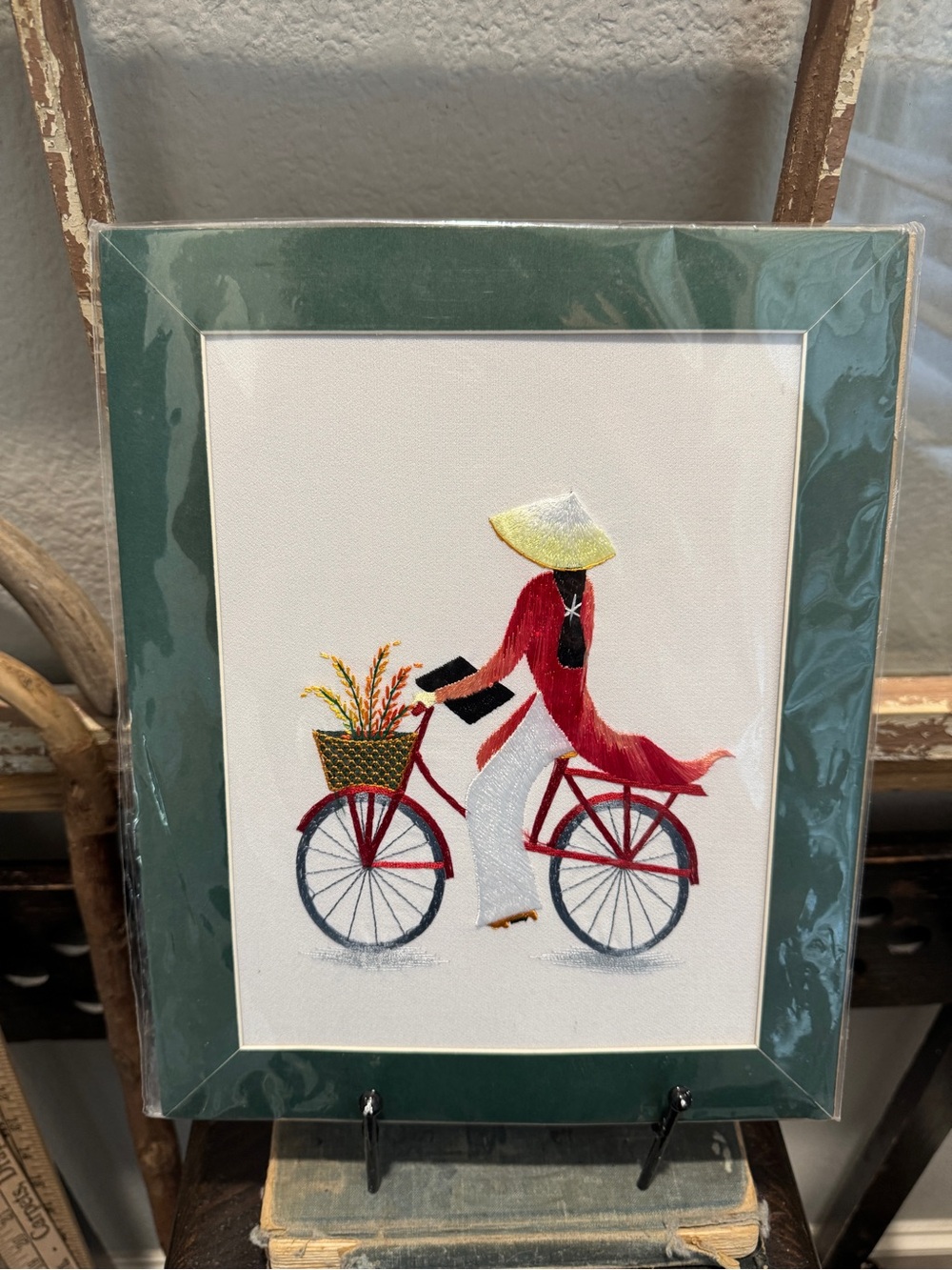 New Green-Framed Embroidery Bicycle Rider Art Print